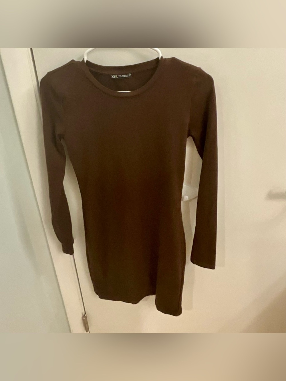 Zara Long-Sleeve Chocolate Brown Bodycon Mini Dress, Sz M